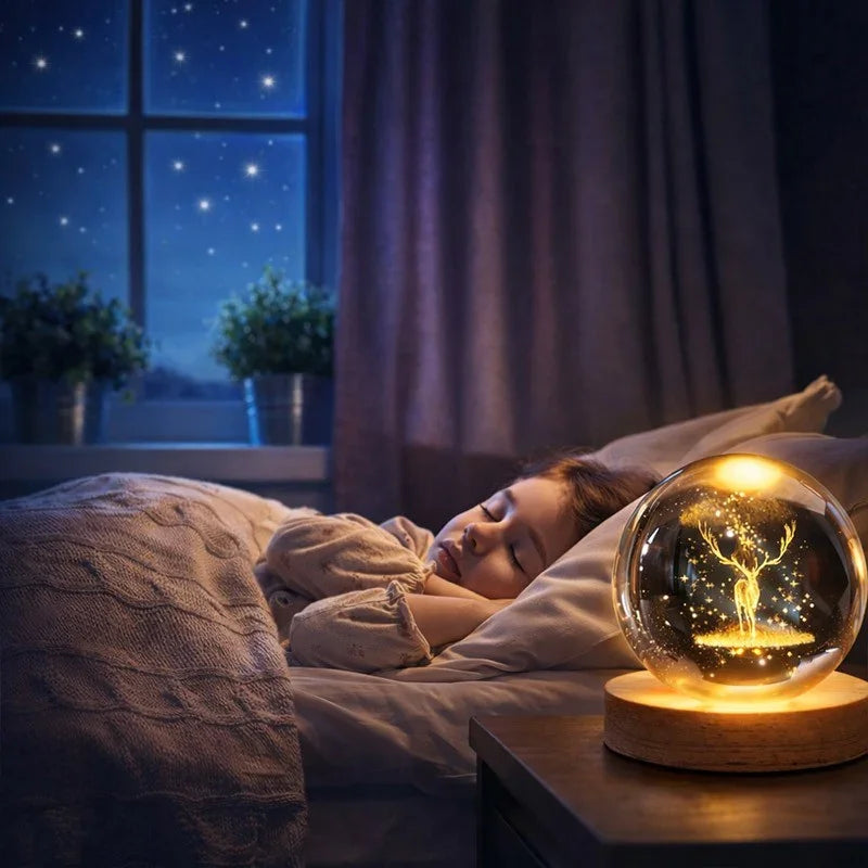 Golden Deer Crystal Ball LED Night Lamp with Wooden Base