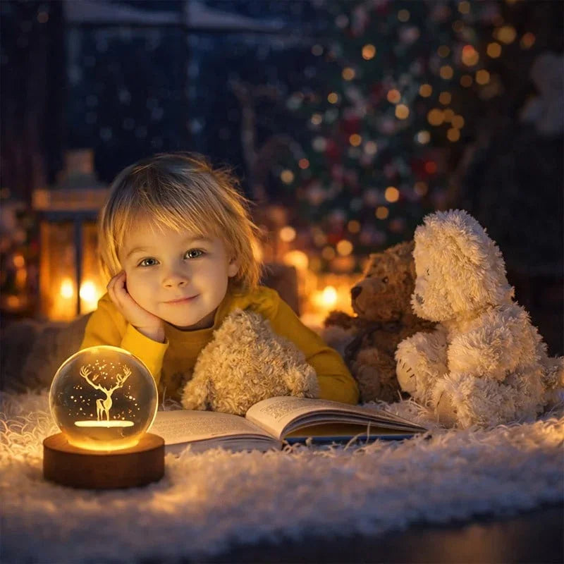 Golden Deer Crystal Ball LED Night Lamp with Wooden Base