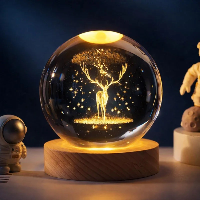 Golden Deer Crystal Ball LED Night Lamp with Wooden Base
