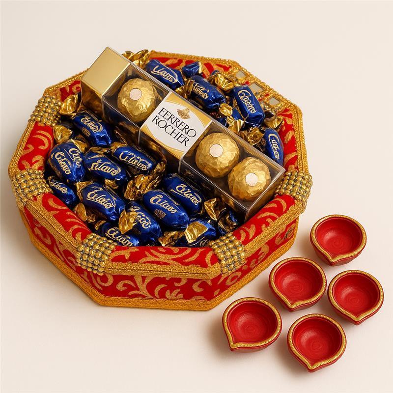 Golden Octagon Thali of Ferrero Rocher and Choclairs With Diya
