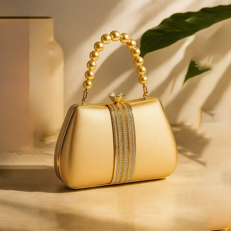 Golden Radiance Pearl-Handle Evening Clutch
