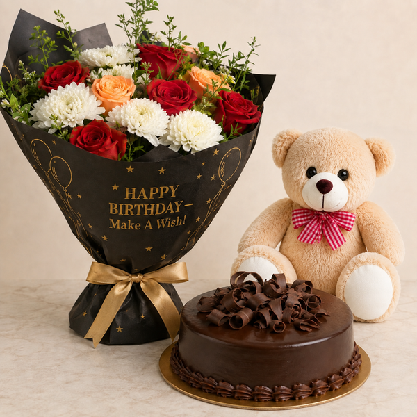 Grand birthday flowers cake and teddy celebration combo