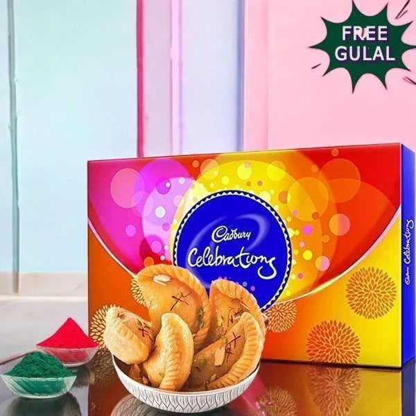 Cadbury Celebration chocolate box with cookies on a colorful background