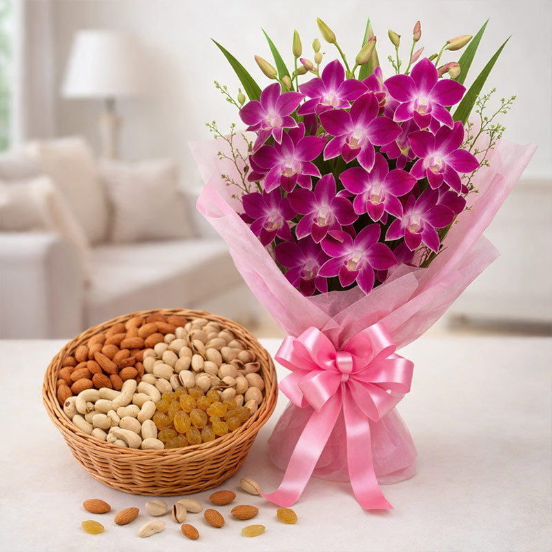 Purple Orchid Bouquet with Half Kg Mixed Dry Fruits Basket