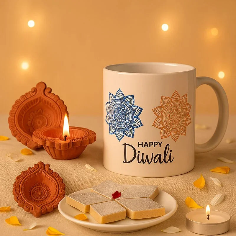 White mug with 'Happy Diwali' design, lit oil lamps, and cookies on a warm-toned background.