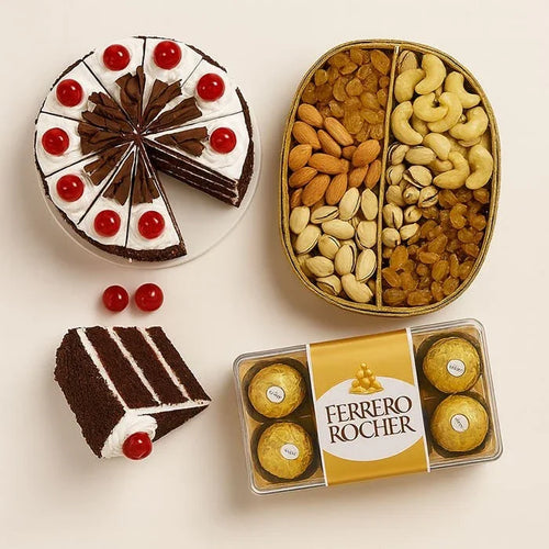 Chocolate cake with cherries, assorted dry fruits, and Ferrero Rocher chocolates 