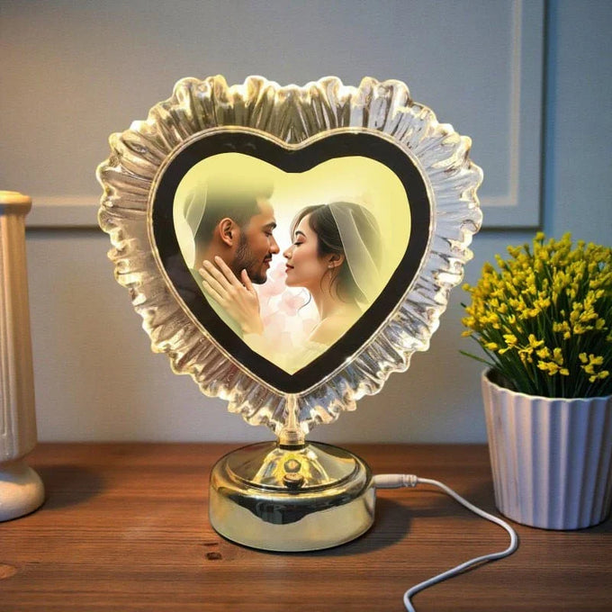 Heart-Shaped LED Photo Frame Crystal Table Lamp – Personalized Gift Light - Anniversary Gift in GiftsGhaziabad