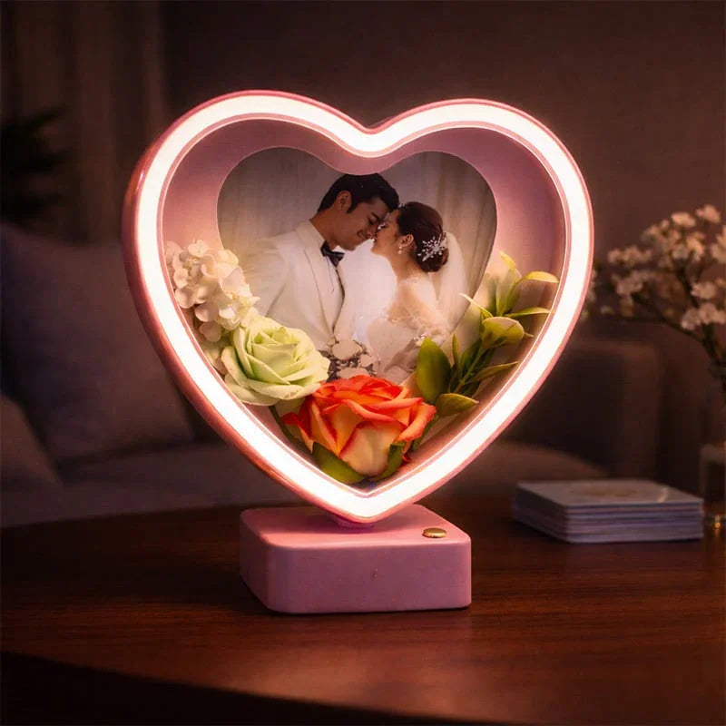 Heart Shape Photo Frame with Flowers LED Lamp