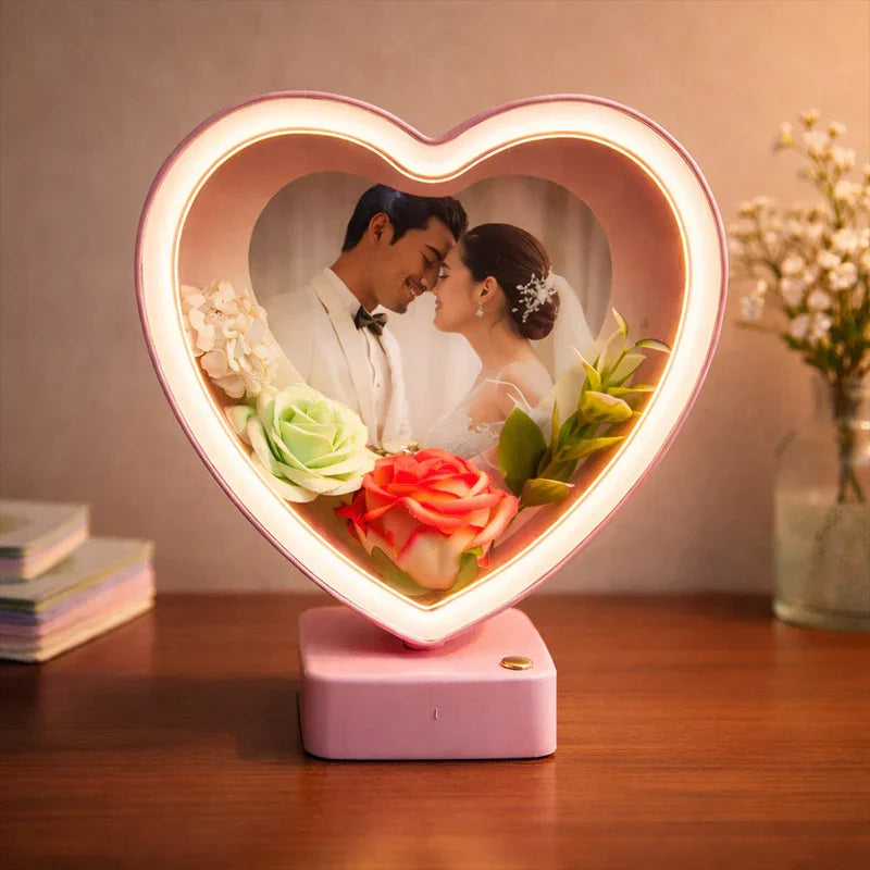 Heart Shape Photo Frame with Flowers LED Lamp