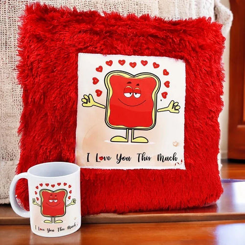 Red fluffy pillow with cartoon toast design and mug on a wooden surface