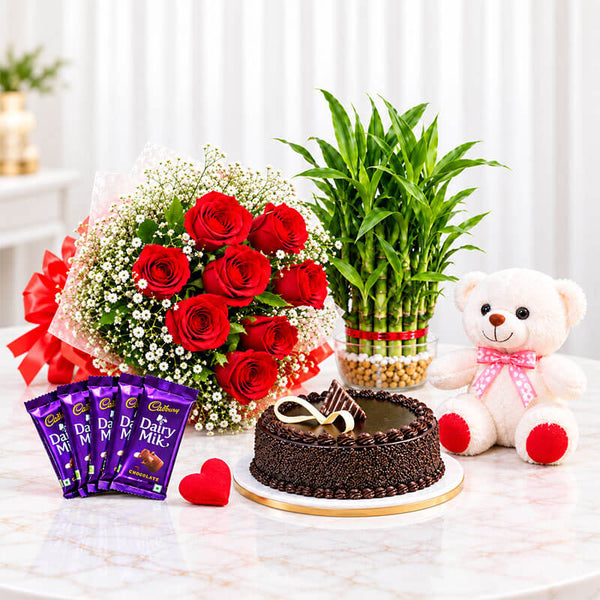 Jumbo Surprise - 10 Red Roses, Cake & Teddy Gift Combo with Bamboo Plant