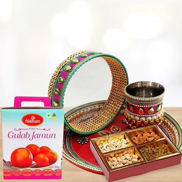 Decorative set with Gulab Jamun box, dry fruits, and a decorative cup 