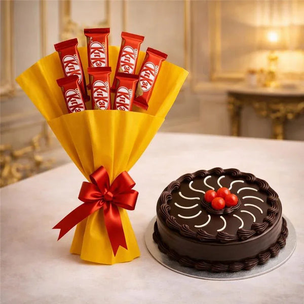 Bouquet of KitKat chocolate bars with yellow wrapping and a round chocolate cake.