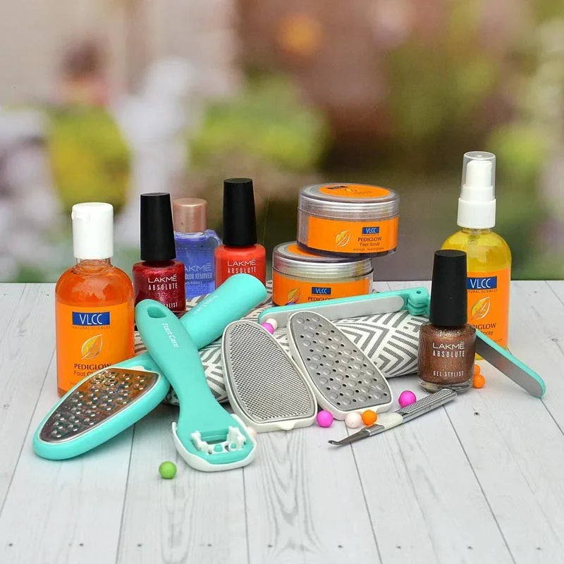 Collection of beauty and grooming products on a wooden surface with a blurred natural background