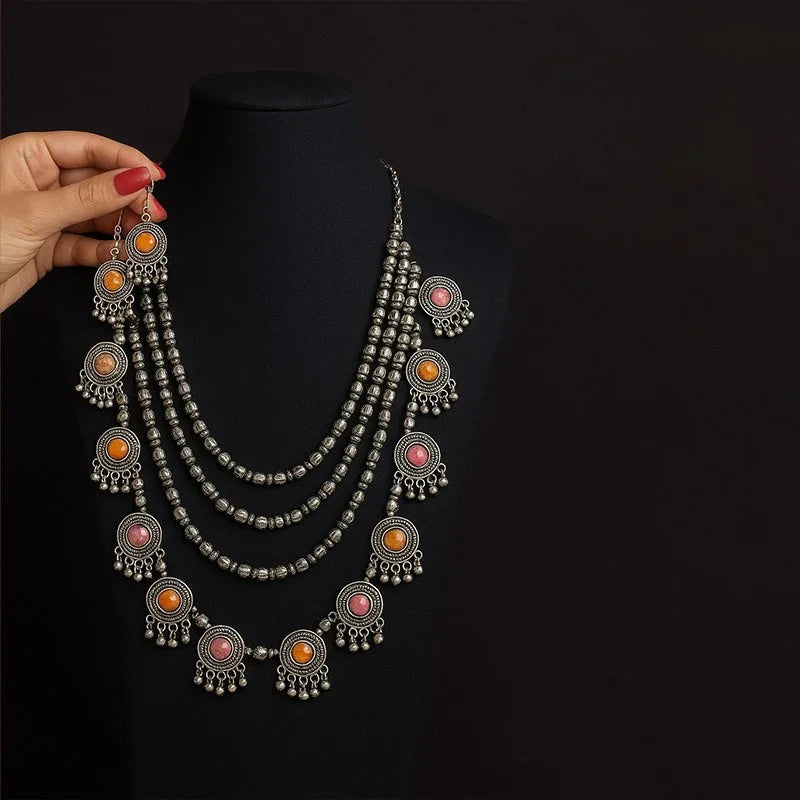 Latest Stylish Fancy Oxidised Silver Tribal Necklace Jewellery Set for Women (12164s), Multicolour, One