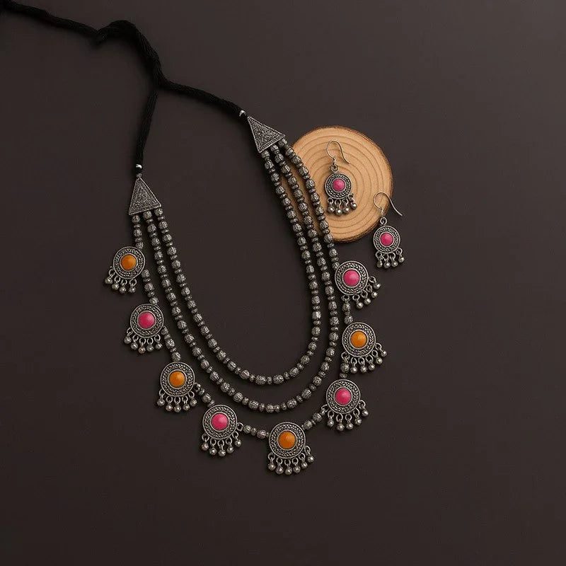 Latest Stylish Fancy Oxidised Silver Tribal Necklace Jewellery Set for Women (12164s), Multicolour, One
