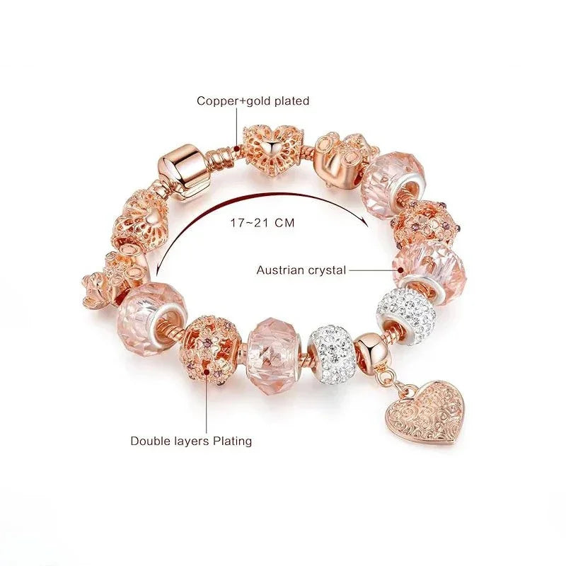 Latest Stylish Pandora Crystal Diamonds Charms Rose Gold Gift Bracelet for Women & Girls