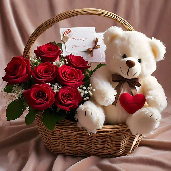 Red Rose Basket with 12 Inch Teddy Bear and Greeting Card - Flower Delivery in GiftsGhaziabad