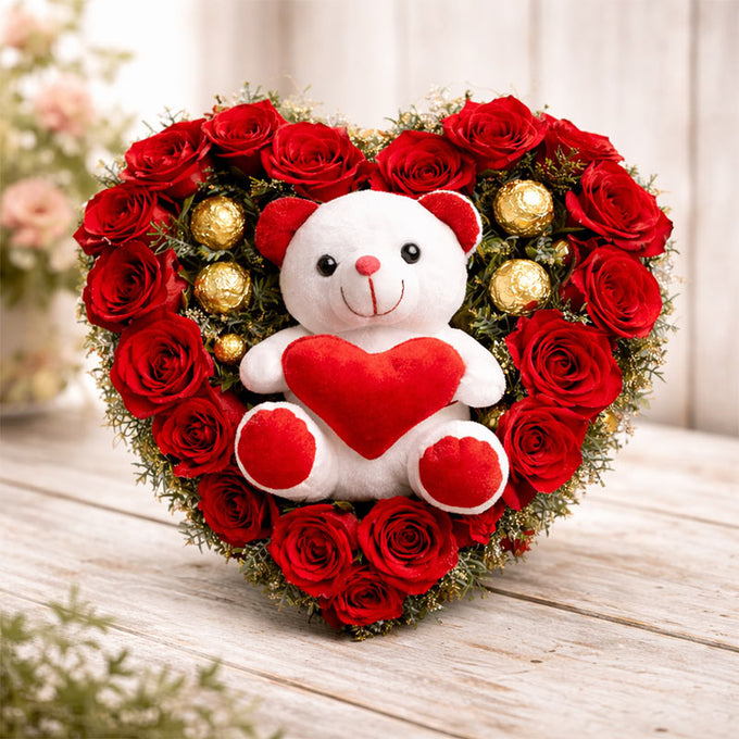 Heart Shape Red Rose Arrangement with 16 Ferrero Rocher & 6 Inch Teddy - Flower Delivery in Kalyani