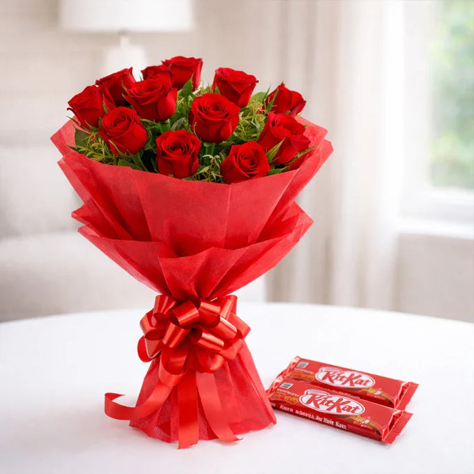 12 Red Roses with 2 KitKat Chocolates - Flower Delivery in Kalyani