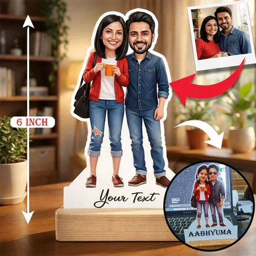 Personalized cutout of a couple with customizable text on a wooden stand, set against a home interior background.