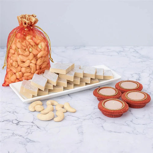 Luminous Kaju Sweet and Cashews with 4 Diyas, 250g Cashews and 400g Kaju Katli Online Gift Delivery