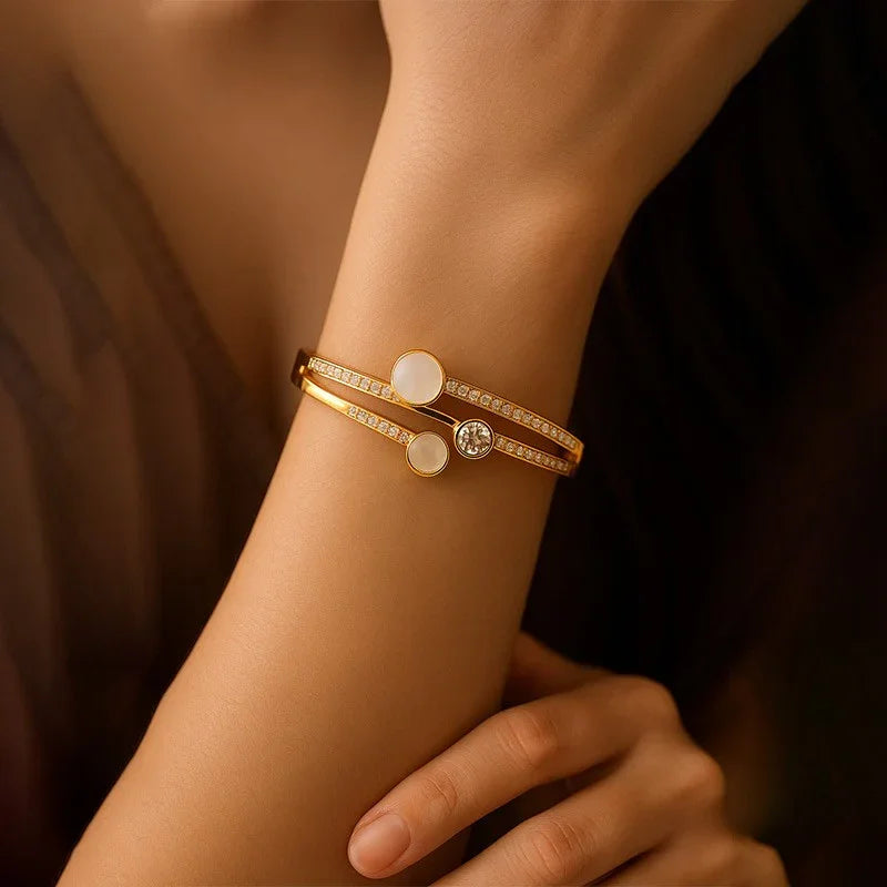 Lustrous Harmony Gold-Plated Bracelet with Mother of Pearl & Crystal Accents