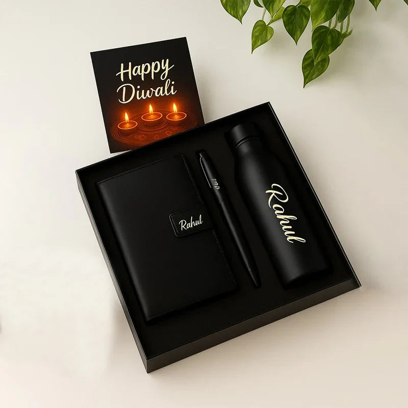 Luxury Black Personalized Diwali Gift Set – Diary, Pen & Bottle
