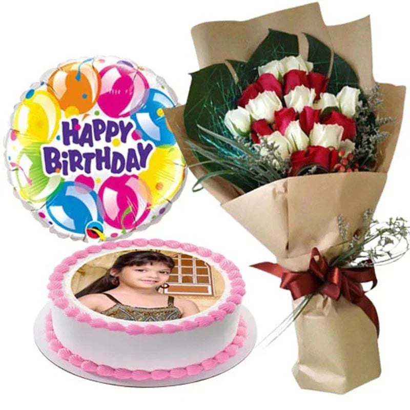 Birthday cake with photo, balloon, and bouquet of flowers on a white background