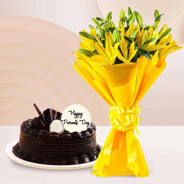 Majestic Lilies With Chocolate Truffle Cake