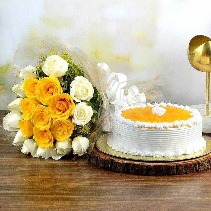 Mango Cake & Rose Bouquet - Cake Delivery in GiftsGhaziabad