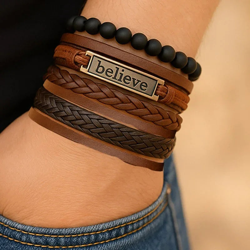 Men’s Multilayer Leather & Beads Bracelet Set with “Believe” Charm