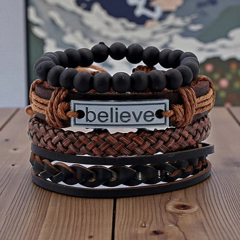 Men’s Multilayer Leather & Beads Bracelet Set with “Believe” Charm