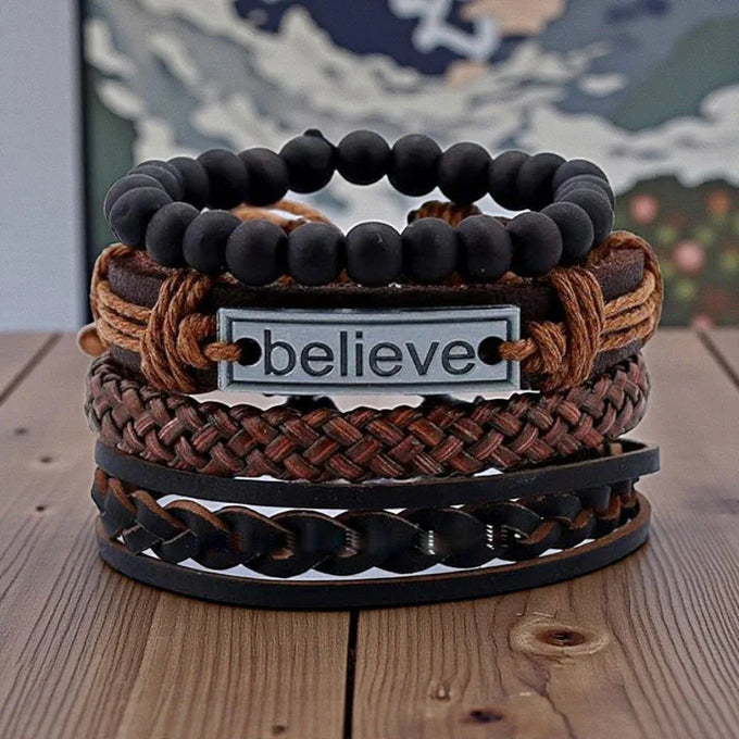 Men’s Multilayer Leather & Beads Bracelet Set with “Believe” Charm - Men Jewellery Gift for Men