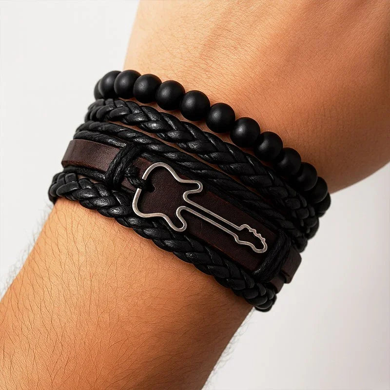 Men’s Multi-Layer Leather & Beaded Bracelet Set with Guitar Charm