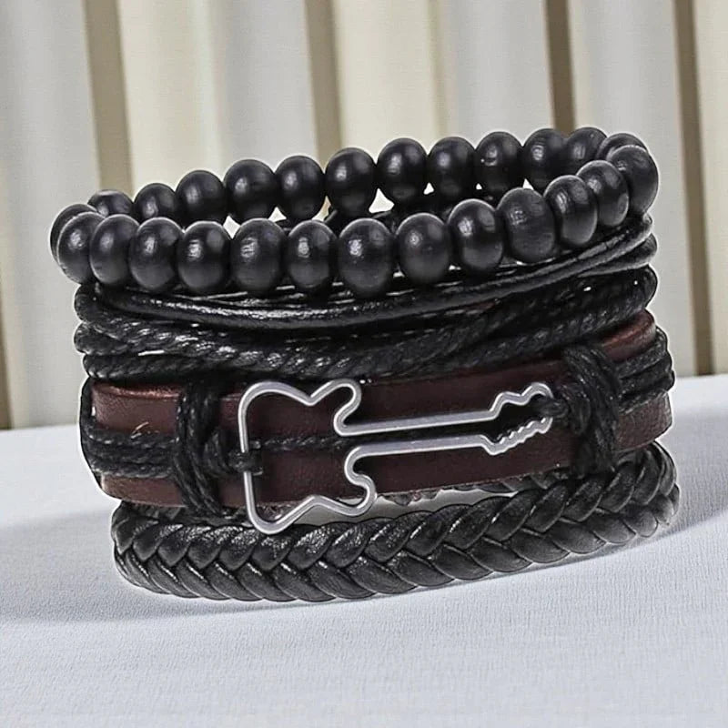 Men’s Multi-Layer Leather & Beaded Bracelet Set with Guitar Charm