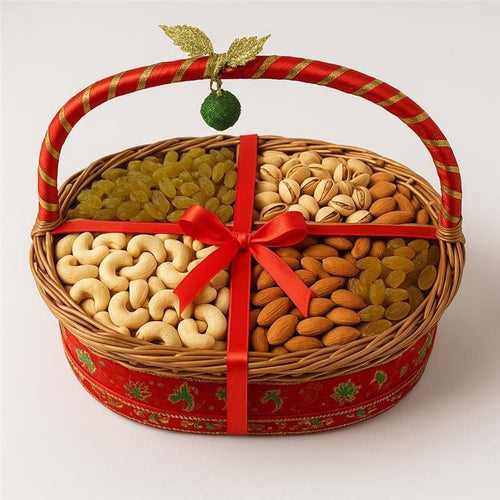 Decorative gift basket filled with dry fruits including cashews, almonds, pistachios, and raisins.
