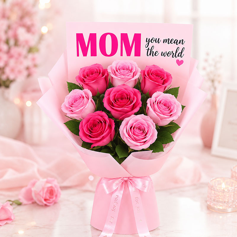 8 Pink Roses Bouquet for Mom with “You Mean the World” Message