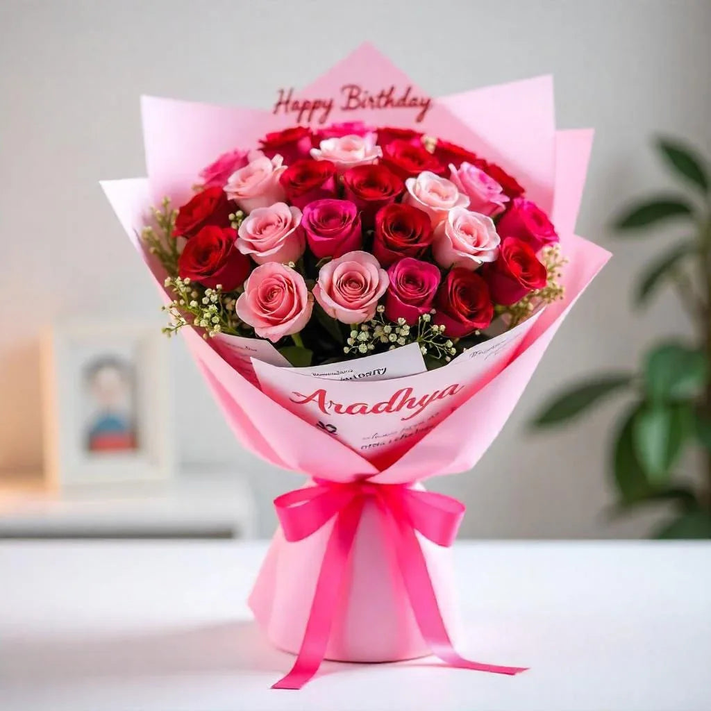Personalised Pink Red Rose Bouquet