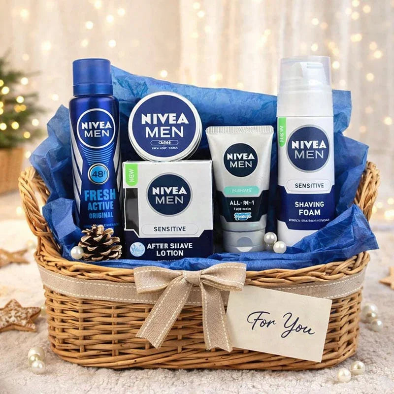 Men's grooming kit with Nivea products in a gift basket, perfect for gifting.