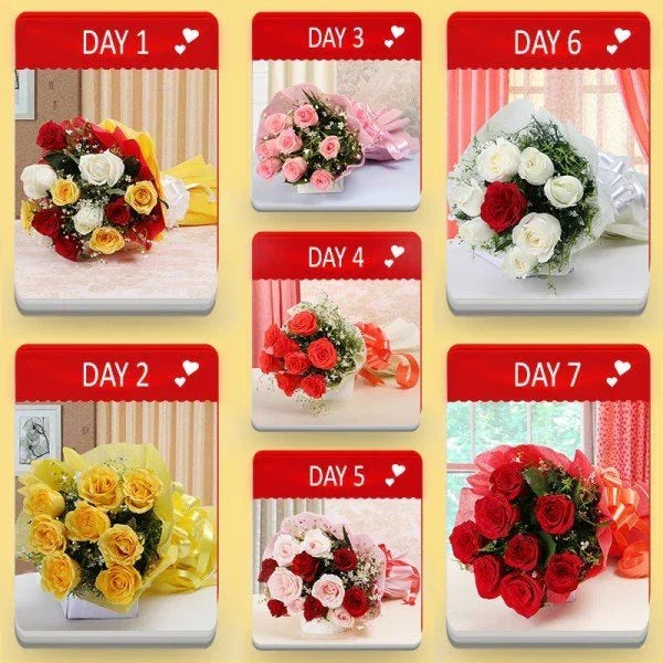 Weekly floral arrangement delivery schedule with different flowers on each day.