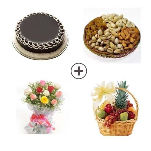 Chocolate cake, dry fruits platter, mixed flower bouquet, and fruit basket gift combo