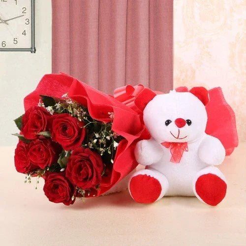 Red Roses Bouquet with 6 Inch Teddy Bear Gift Combo - Flower Delivery in Kalyani