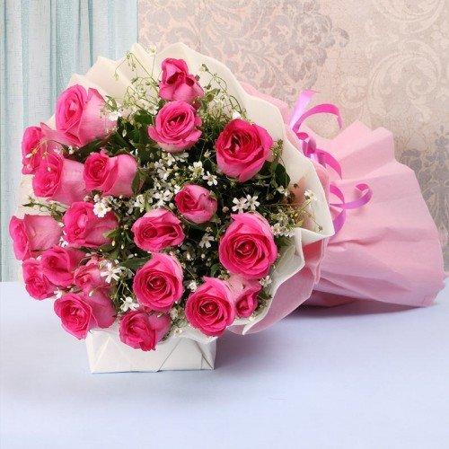 Pink Roses Bouquet with 20 Roses in White Pink Wrapping - Flower Delivery in Kalyani