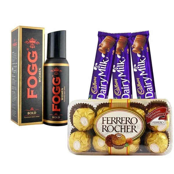 Gift set with Fogg body spray, Dairy Milk chocolate bars, and Ferrero Rocher chocolates.