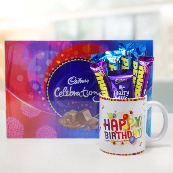 Birthday mug with chocolate bars and Cadbury Celebrations gift box, perfect birthday gift