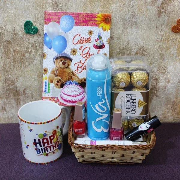 Birthday gift hamper with mug, greeting card, Ferrero Rocher chocolates, cosmetics, and deodorant