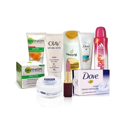 Assorted skincare and beauty products including creams, lipstick, deodorant, and lotion