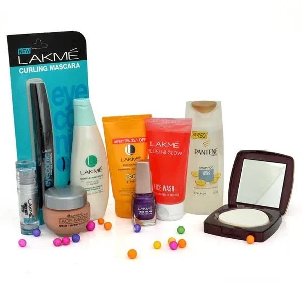 Assorted Lakmé makeup and skincare products with Pantene shampoo, compact powder, and colorful beads