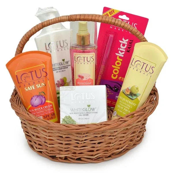 Wicker basket with assorted Lotus Herbals skincare and makeup gift set